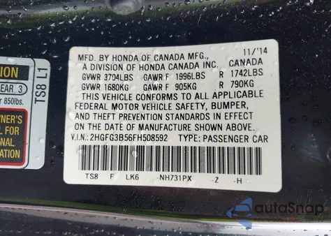 2015 Honda Civic Lx from USA, damaged, VIN 2HGFG3B56FH508592